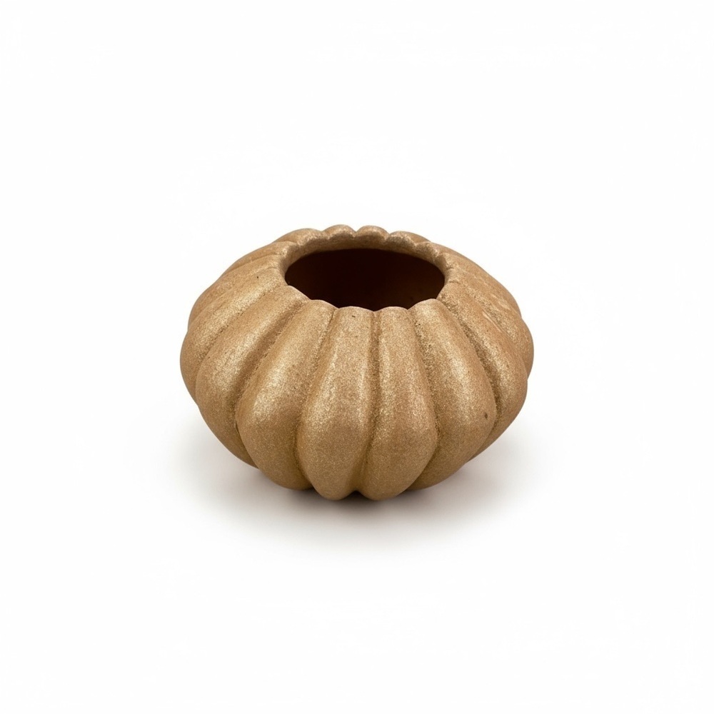 VTG SIGNED autumnal ceramic Brown Textured scalloped Bowl pumpkin vase fall